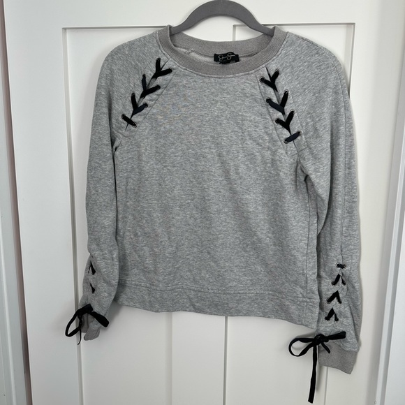Jessica Simpson Tops - Jessica Simpson Heather Gray Cropped Sweatshirt, Satin Ribbon Stitching Size XS